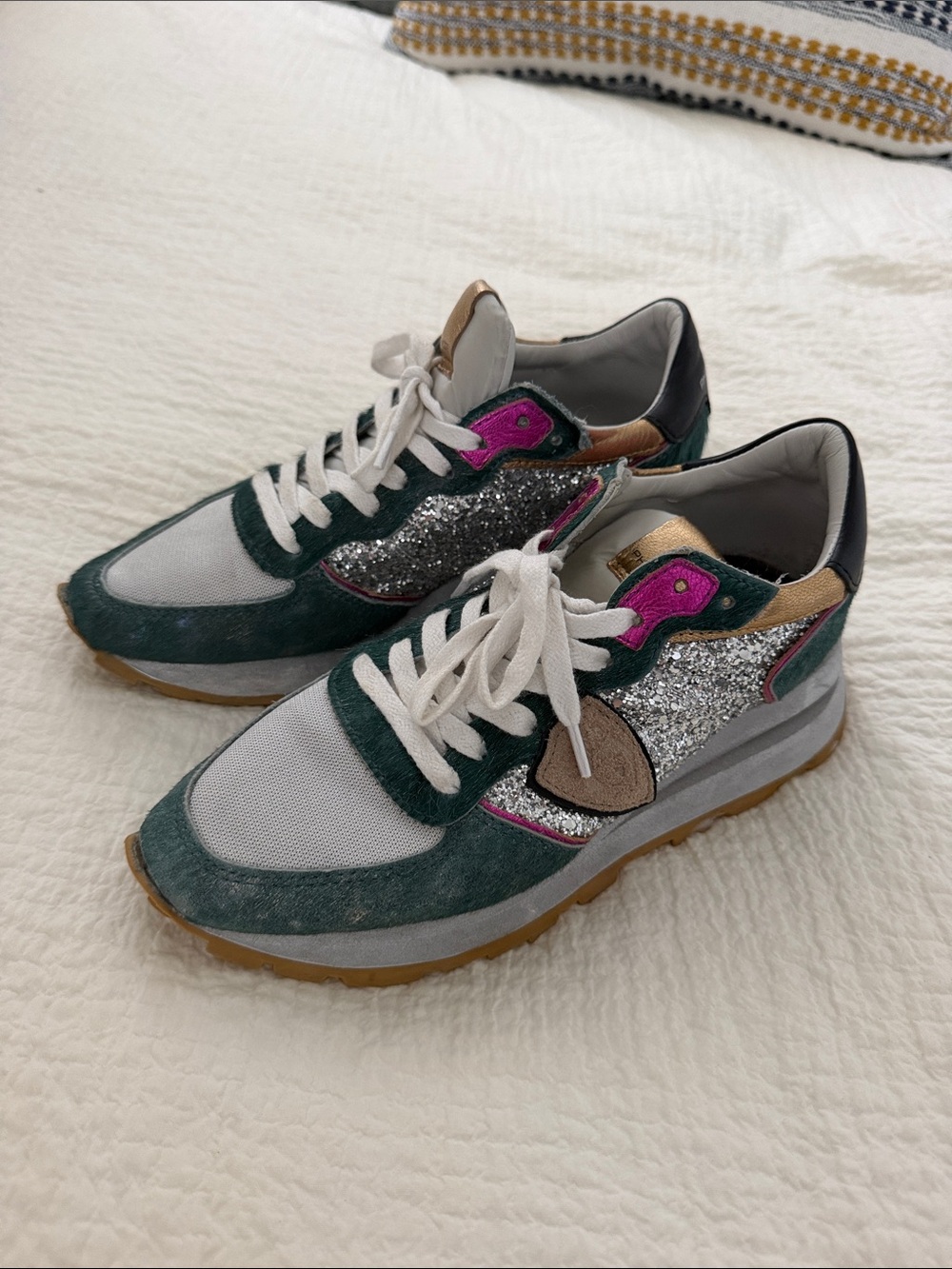 Philippe Model Green Suede & Silver Glitter Sneakers with Pink Accents
